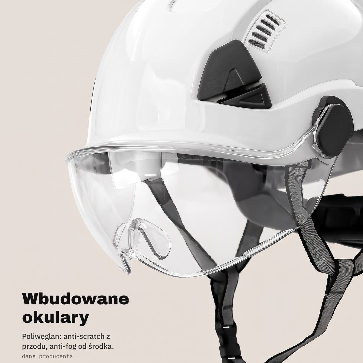 Wbudowane okulary z poliwęglanu w białym kasku ochronnym