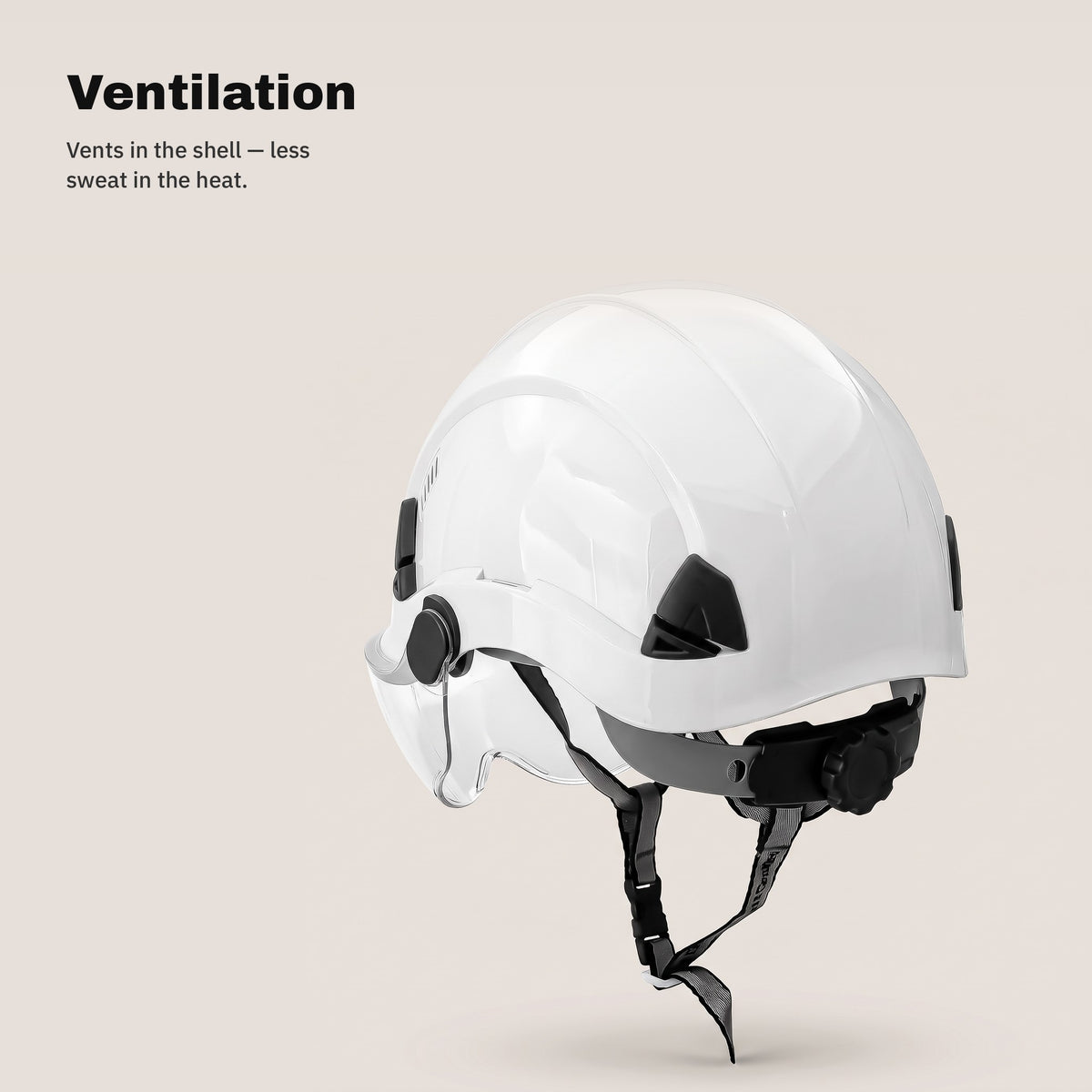 Ventilation slots in the shell of the white safety helmet
