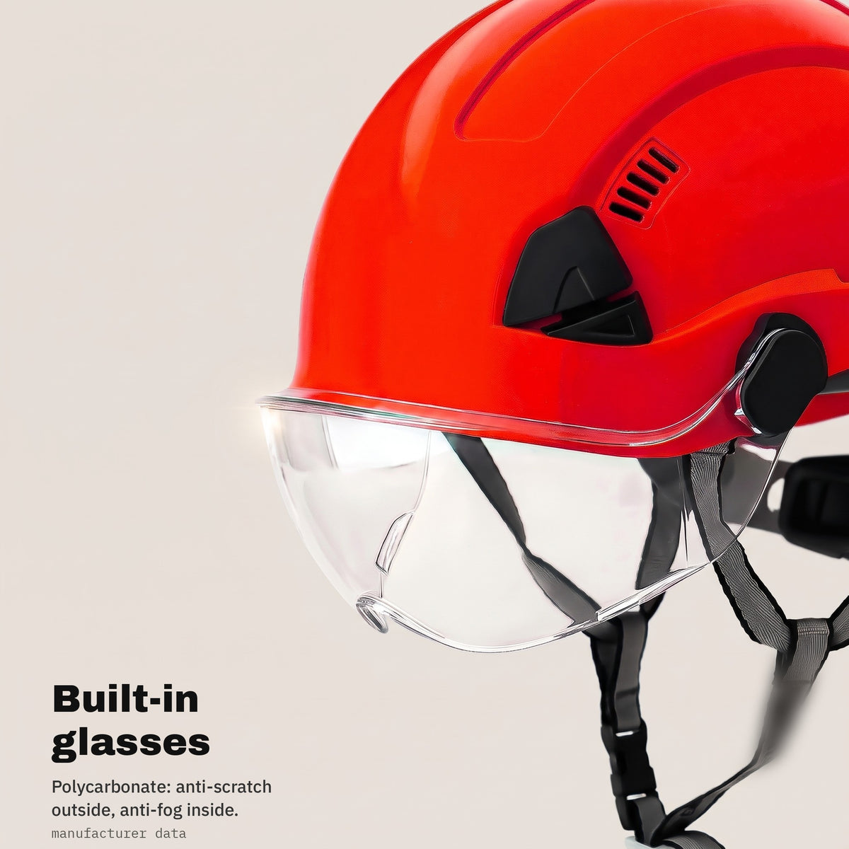 Built-in polycarbonate glasses in the red safety helmet