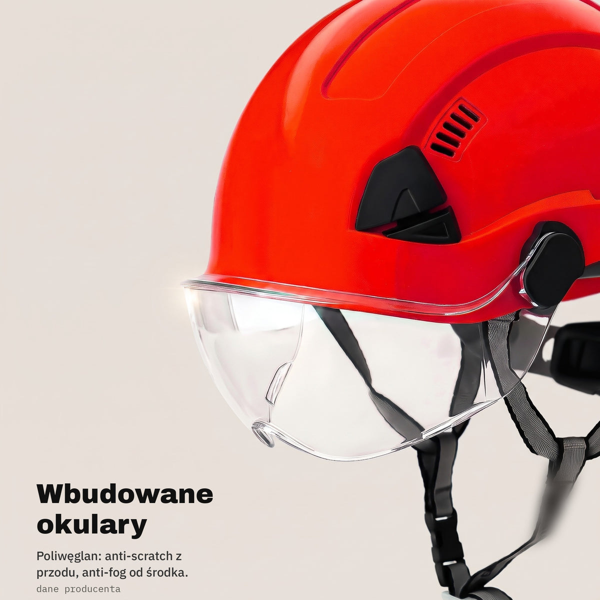 Wbudowane okulary z poliwęglanu w czerwonym kasku ochronnym