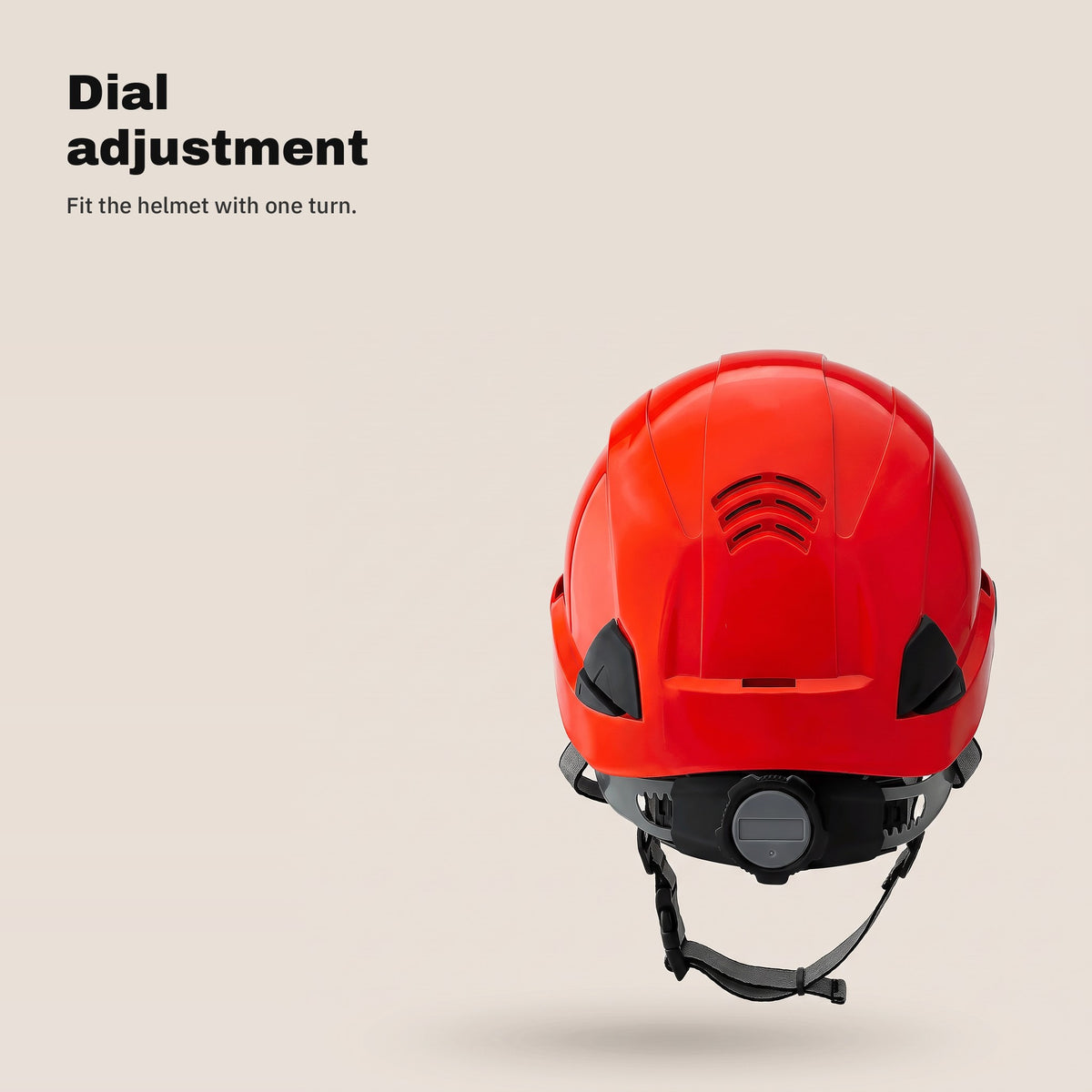 Adjustment dial at the back of the red safety helmet
