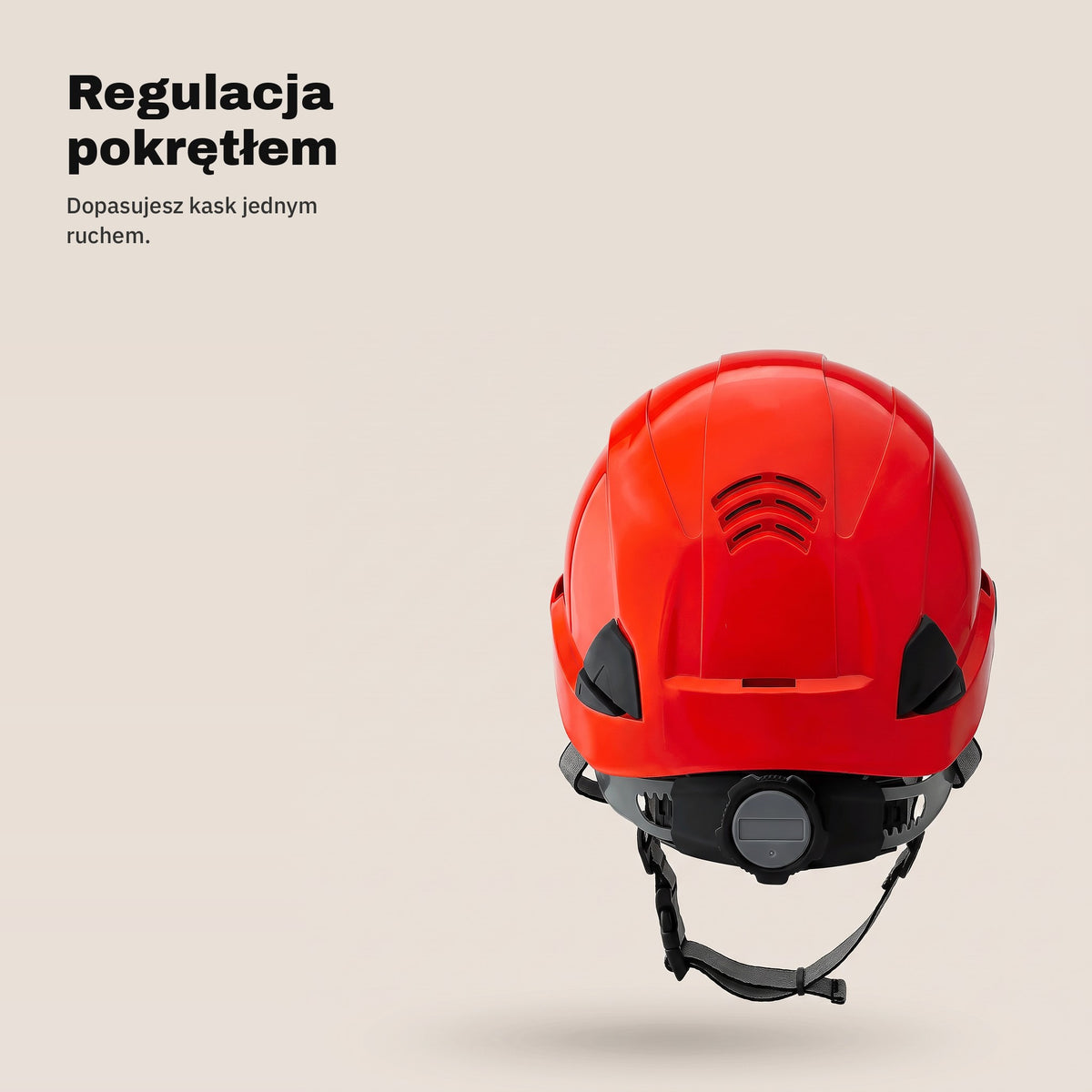 Pokrętło regulacji z tyłu czerwonego kasku ochronnego