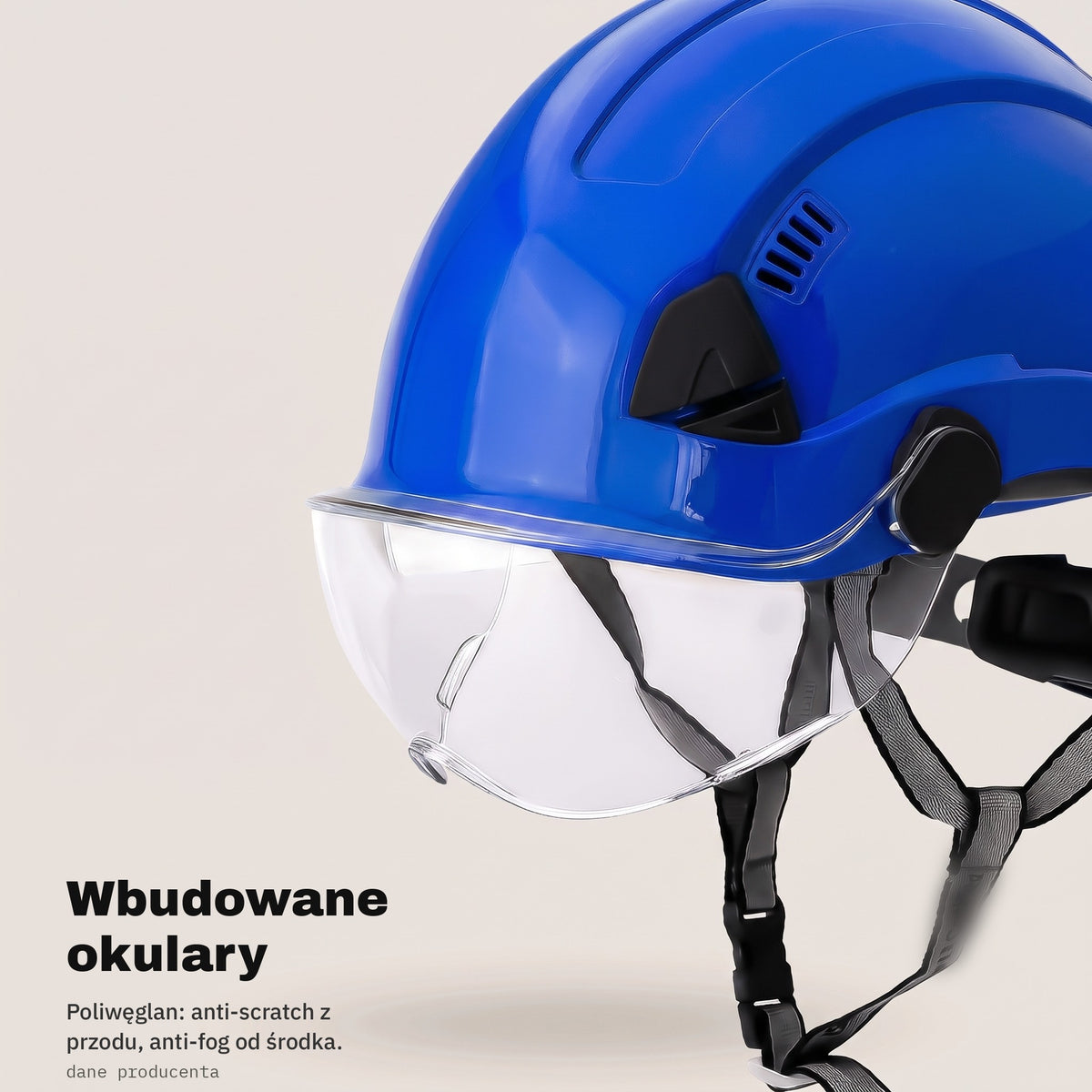 Wbudowane okulary z poliwęglanu w niebieskim kasku ochronnym