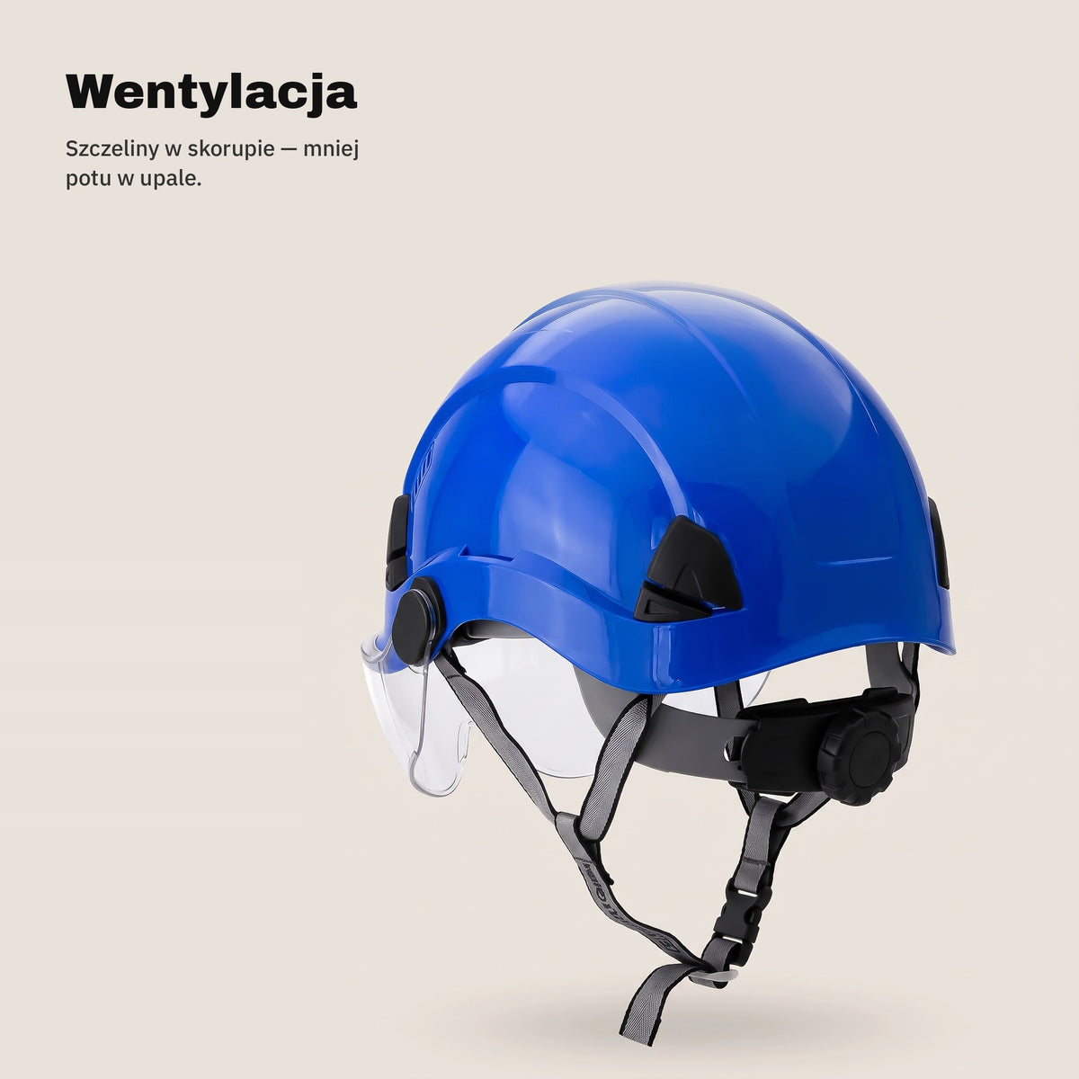Szczeliny wentylacyjne w skorupie niebieskiego kasku ochronnego