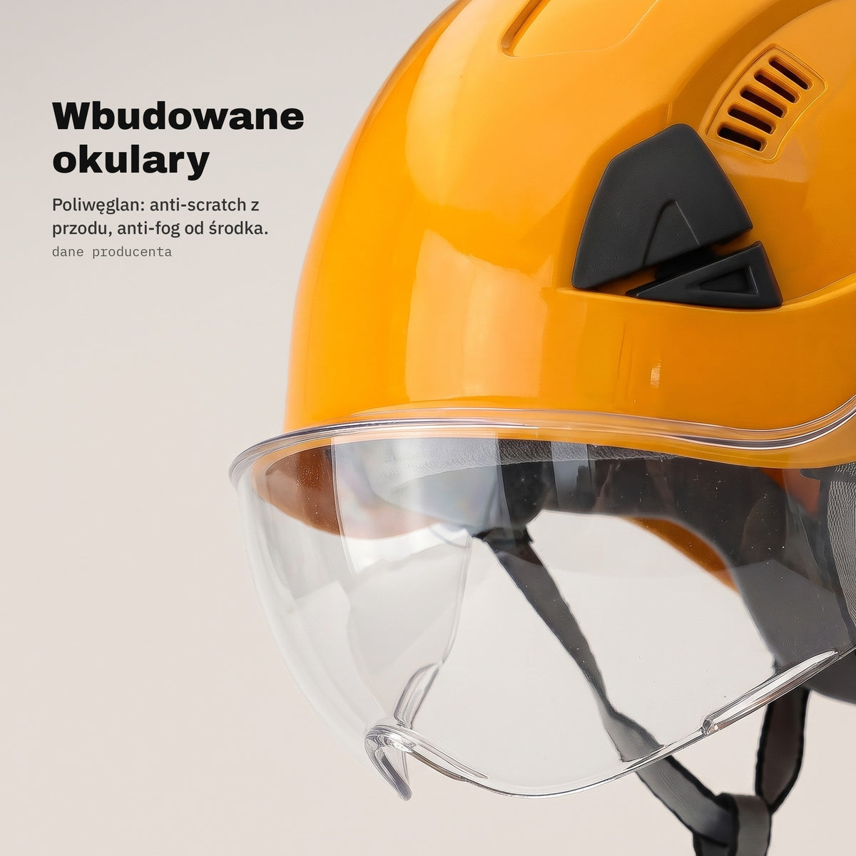 Wbudowane okulary z poliwęglanu w pomarańczowym kasku ochronnym