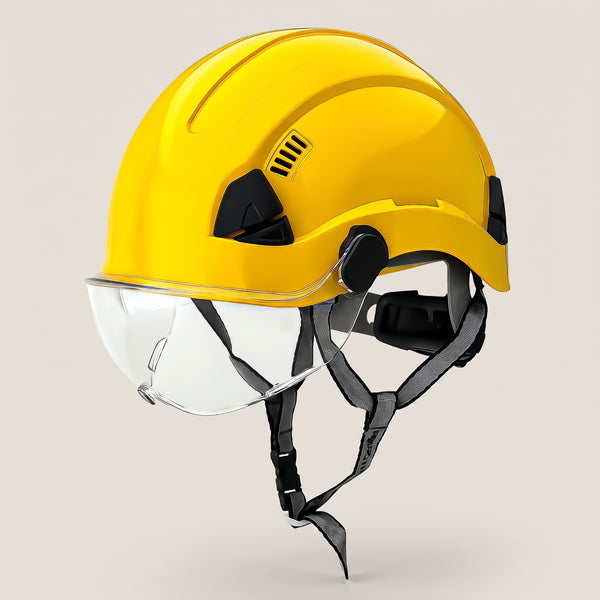 Yellow safety helmet with built-in glasses — front 3/4 view