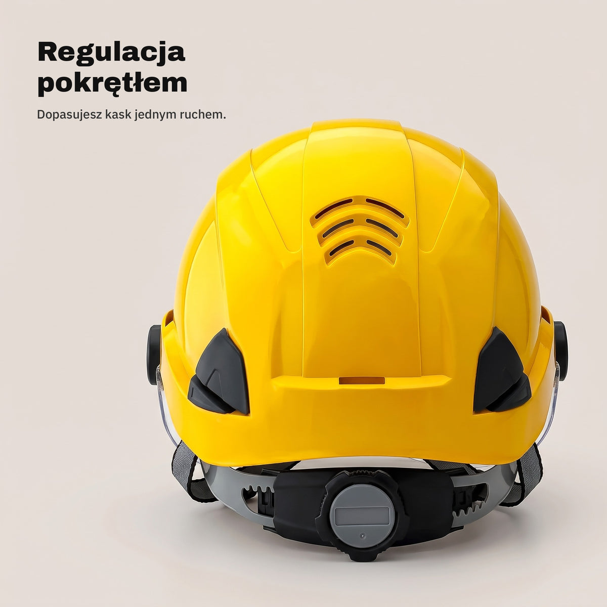 Pokrętło regulacji z tyłu żółtego kasku ochronnego