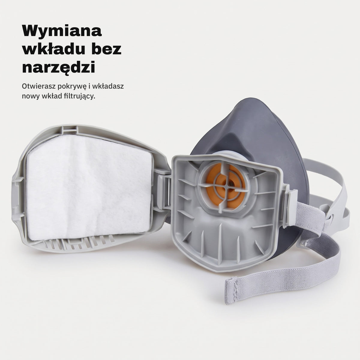 Otwarta pokrywa półmaski z wkładem filtrującym i zaworkiem