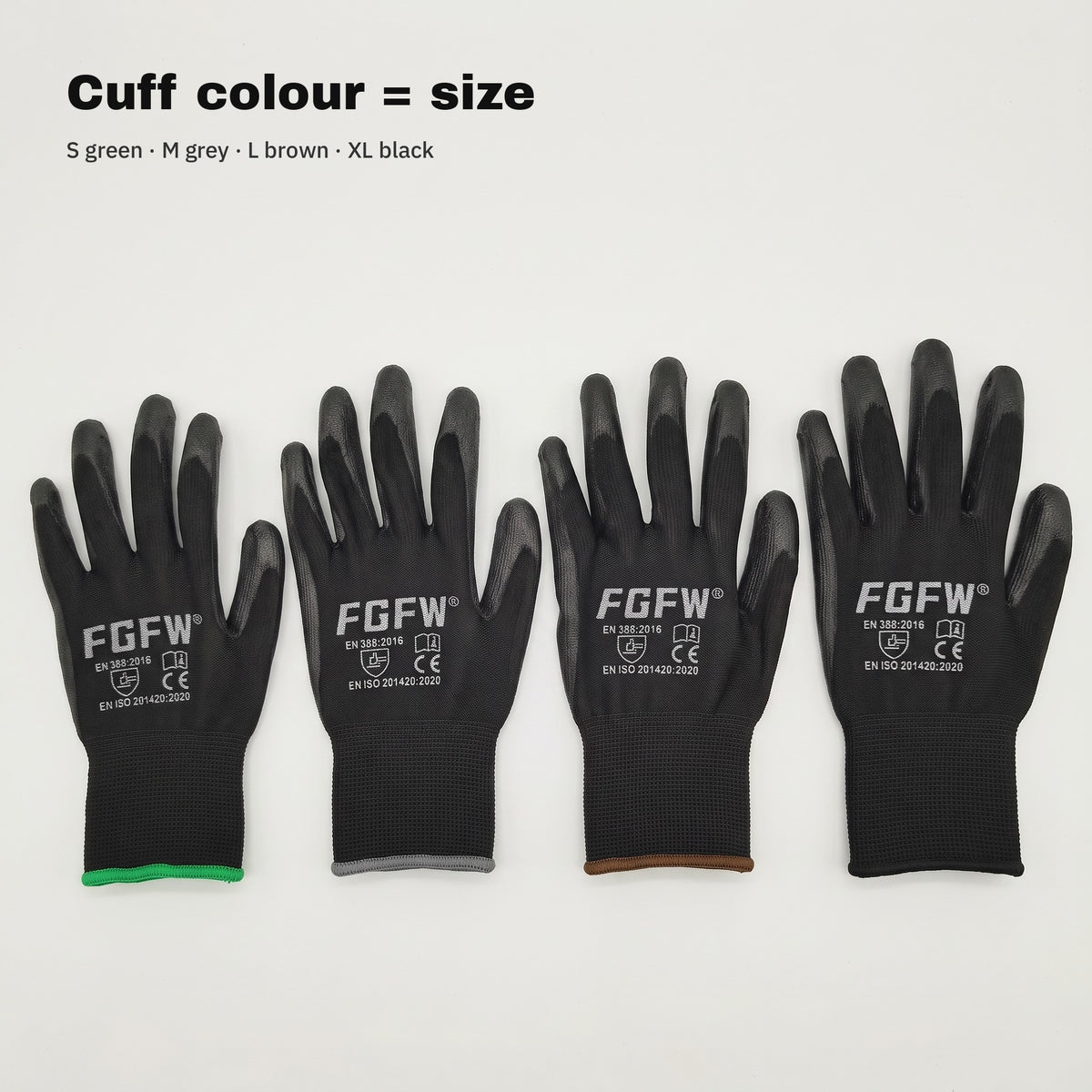 Cuff edging colour shows the size: S green, M grey, L brown, XL black