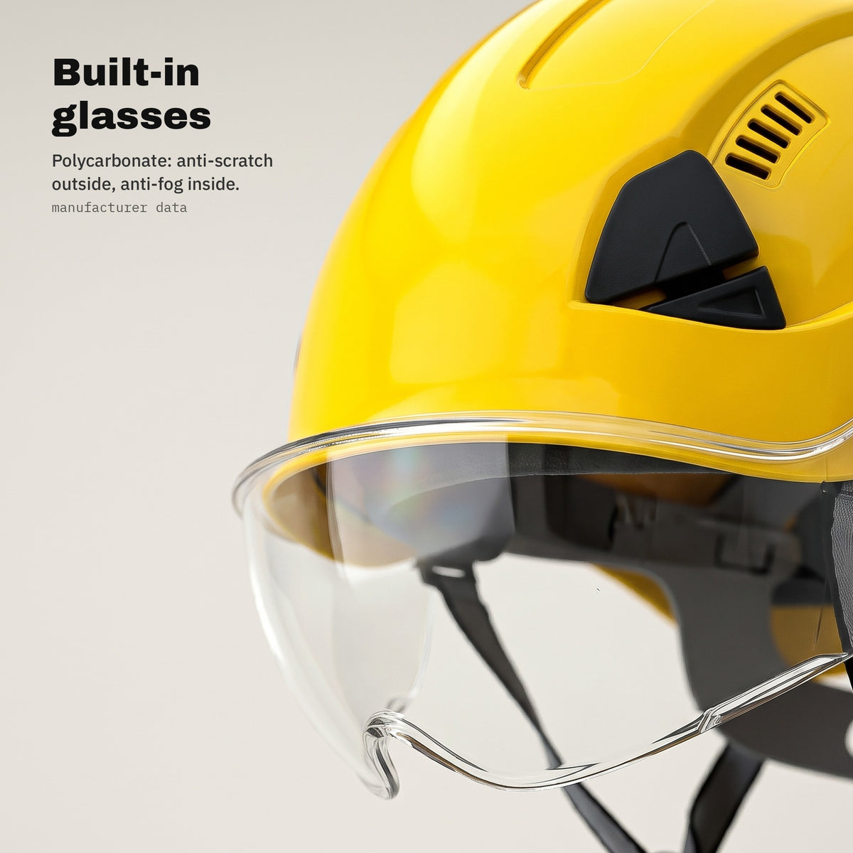 Built-in polycarbonate glasses in the yellow safety helmet