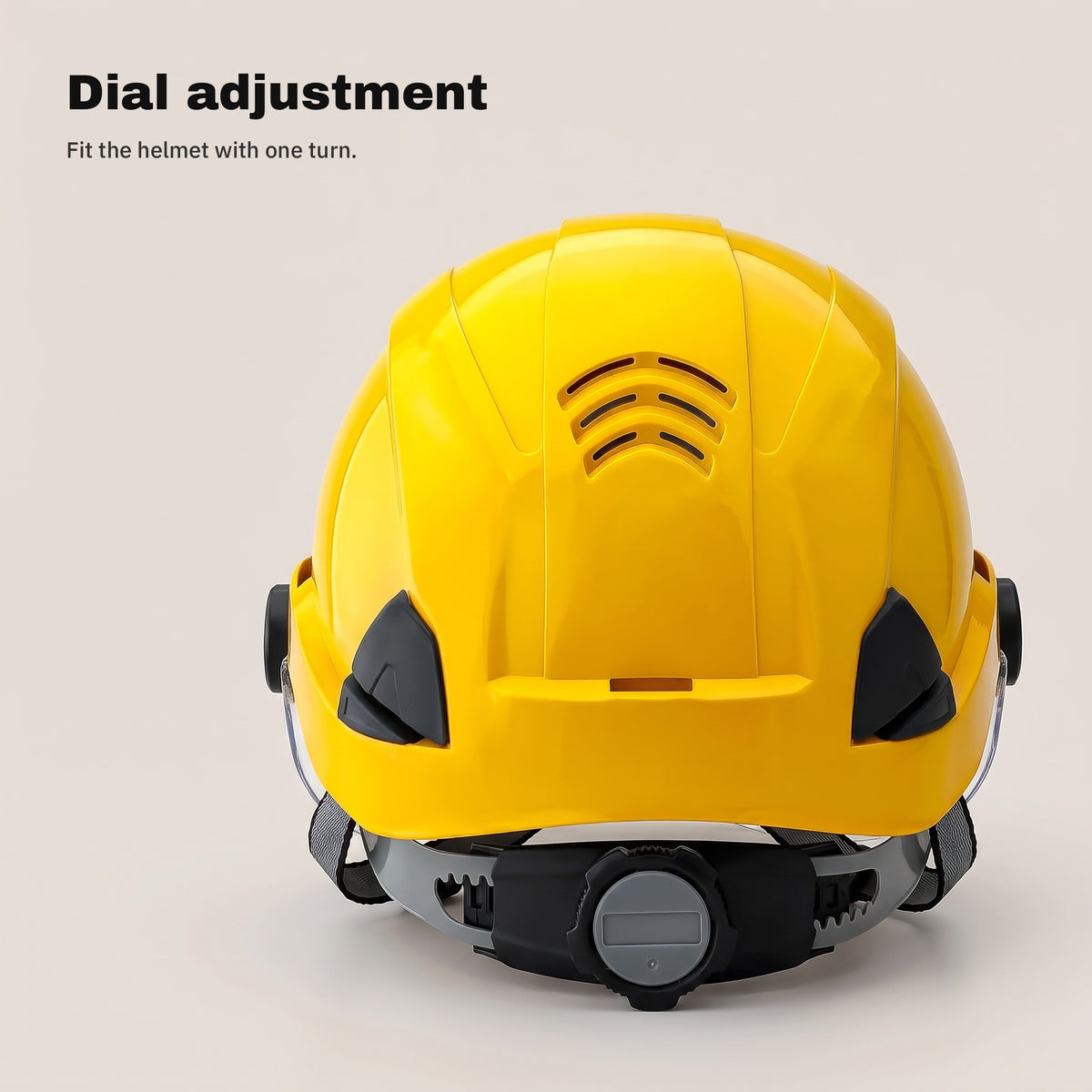 Adjustment dial at the back of the yellow safety helmet