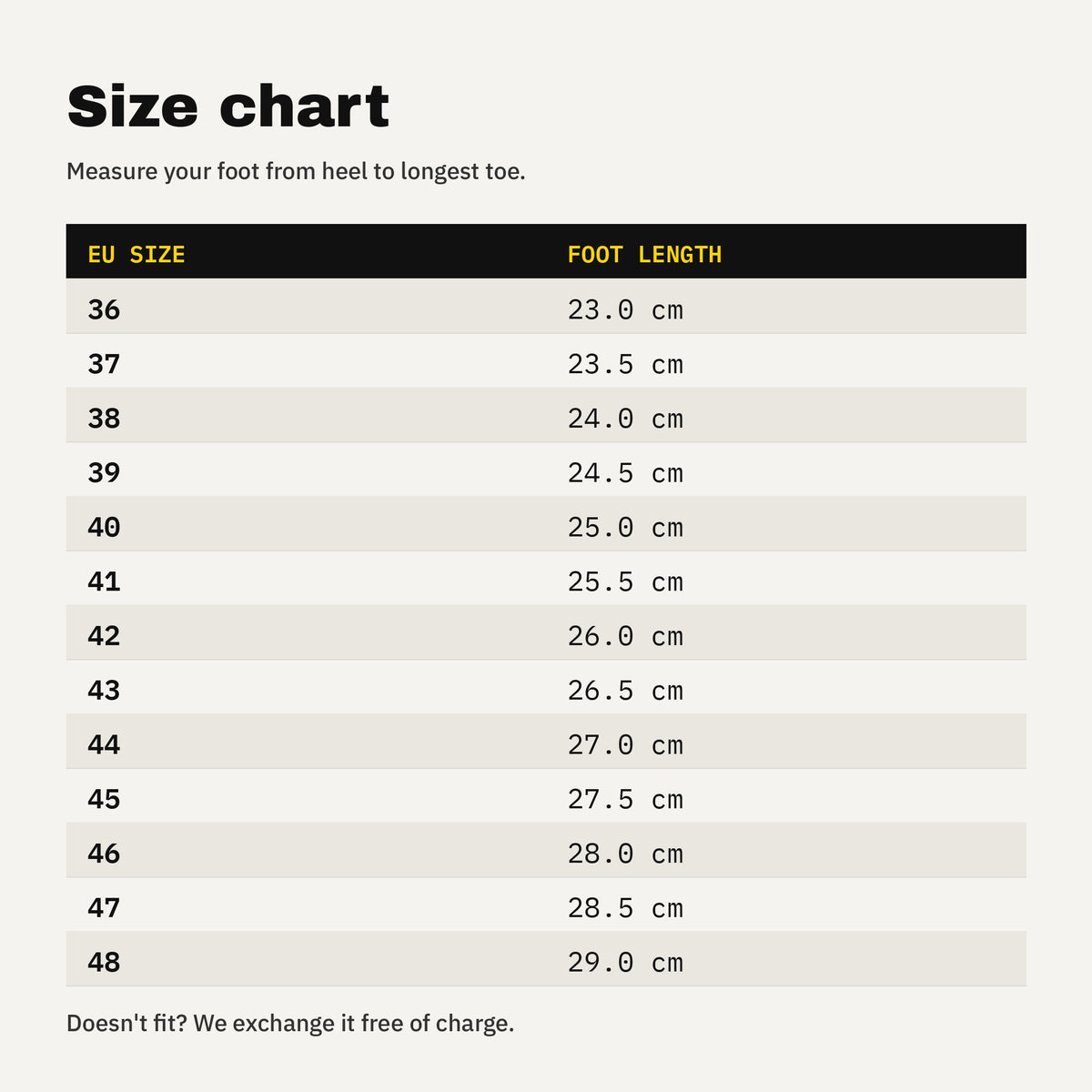 SZYCHTA PRO ONE size chart — EU size and foot length in cm