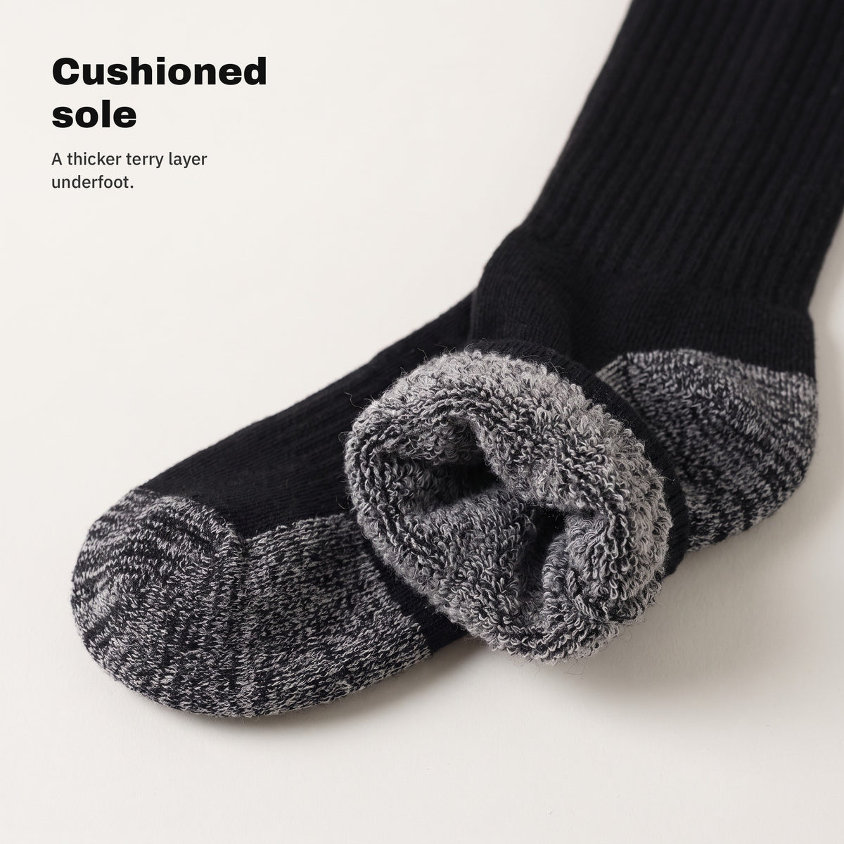 Cushioned terry sole of the work socks, inside view
